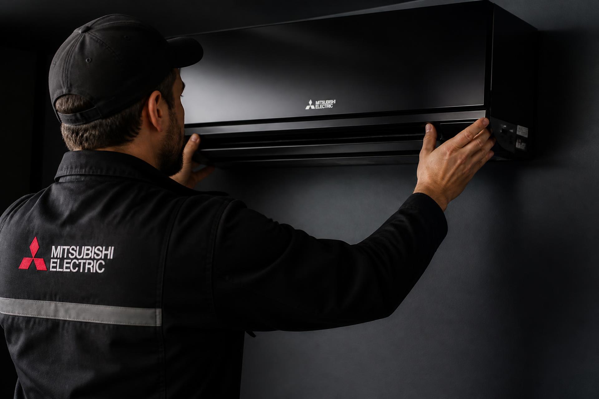 HVAC technician installing a Mitsubishi ductless mini-split system