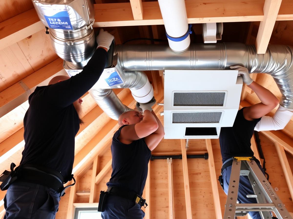 Installers mounting new ductwork and an air handler during an HVAC installation