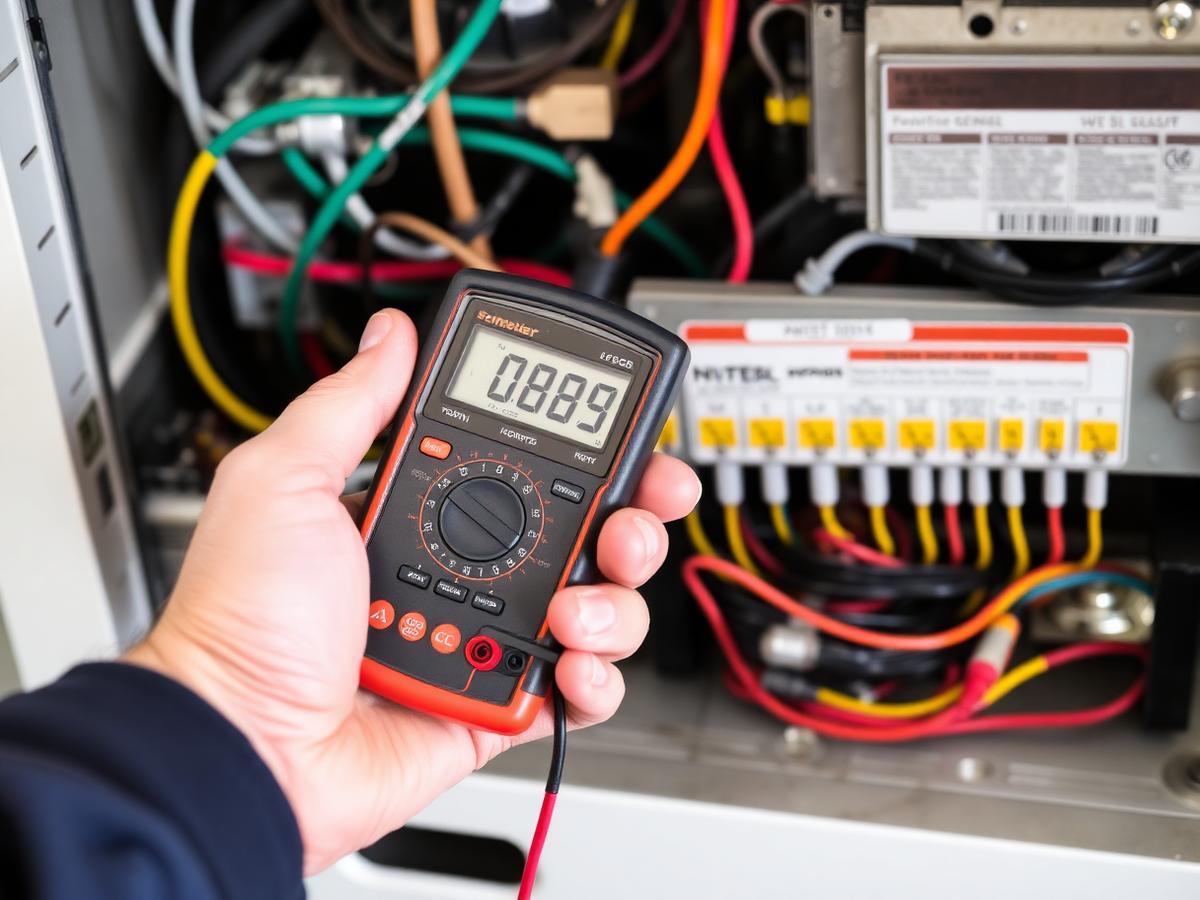 HVAC technician testing an air handler control board with a digital multimeter